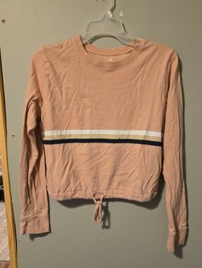 Hollister Peach Long-Sleeve Cropped Tee with Navy & White Stripes